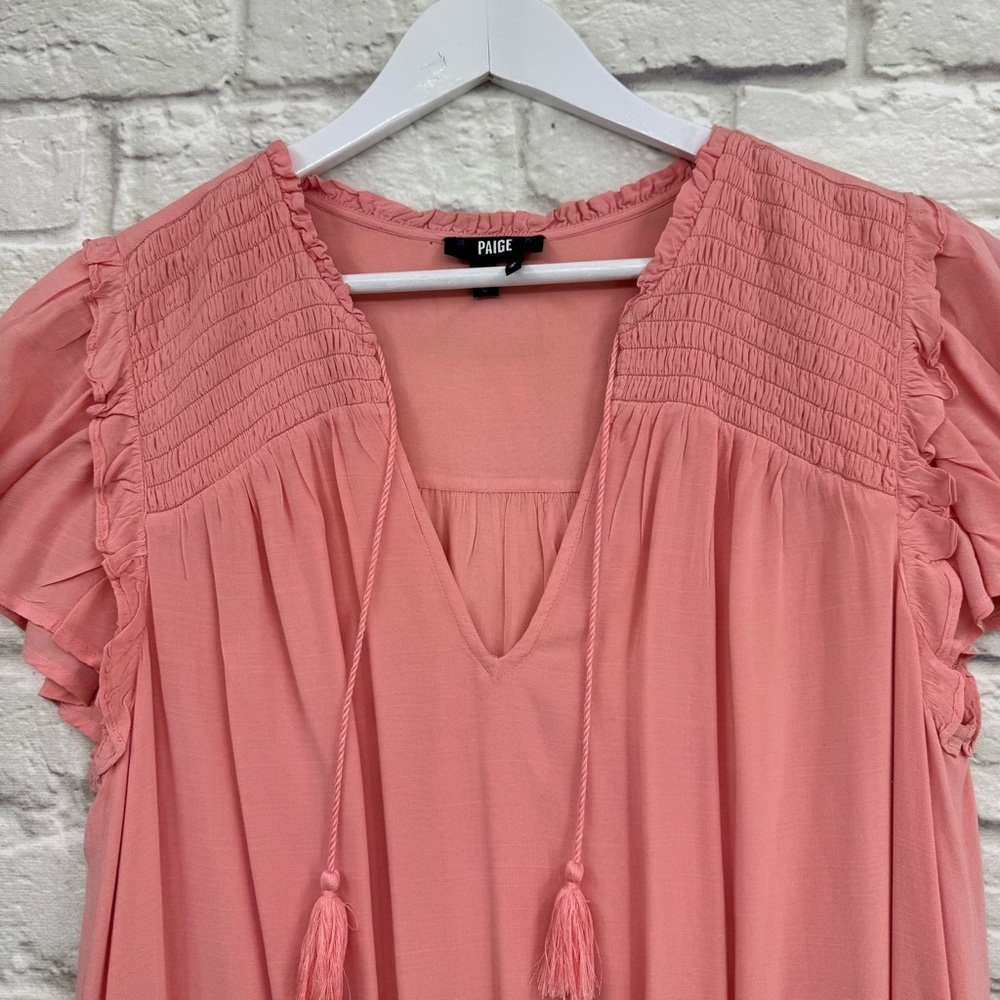 PAIGE Christina Smocked Tiered Ruffle Mini Dress Peach Tree Size L - Picture 11 of 16